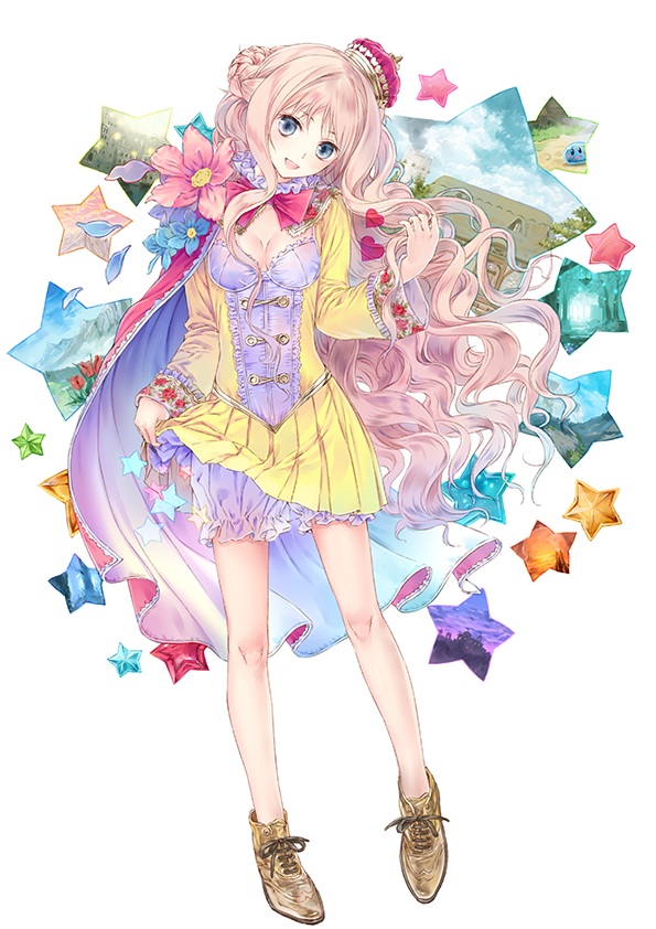:d atelier_(series) atelier_meruru bare_legs blonde_hair blue_eyes bow bowtie braid breasts cape cleavage crown flower french_braid frills full_body half_updo heart kishida_mel long_hair medium_breasts merurulince_rede_arls no_socks official_art open_mouth red_bow shoes skirt smile solo star white_bloomers