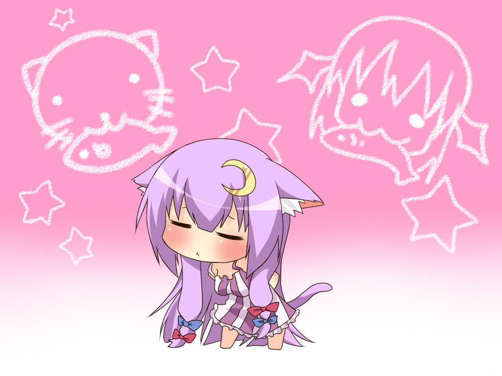 :&lt; :3 =_= animal_ears arms_behind_back bad_id bad_pixiv_id blush bow breasts buri_hamachi cat_ears cat_tail chibi closed_eyes crescent crescent_hair_ornament etou_(cherry7) hair_bow hair_ornament koakuma leaning_forward long_hair medium_breasts patchouli_knowledge purple_hair solid_circle_eyes solo star tail touhou very_long_hair