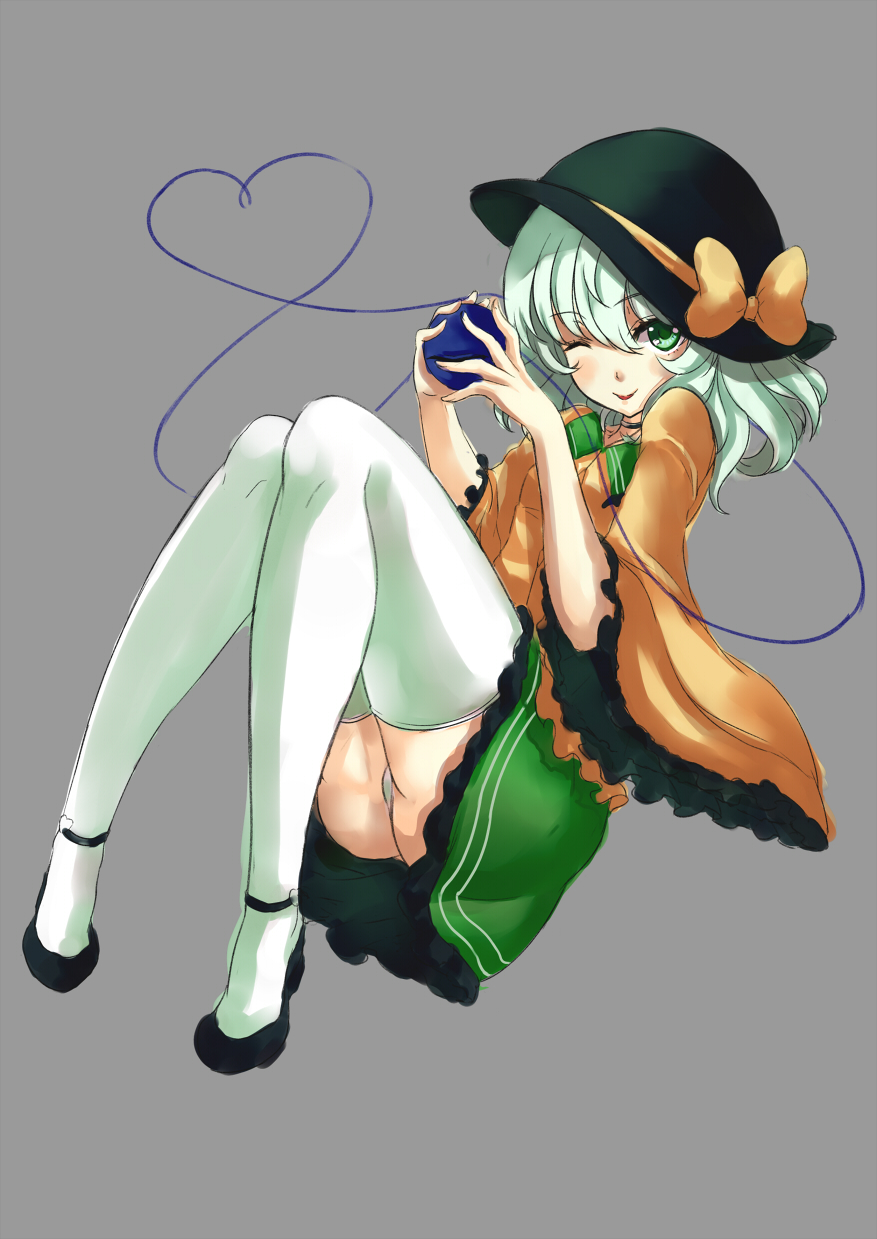 ;) asya blush eyeball full_body green_eyes green_hair grey_background hat highres komeiji_koishi looking_at_viewer one_eye_closed panties simple_background sketch smile solo thighhighs third_eye touhou underwear white_legwear white_panties