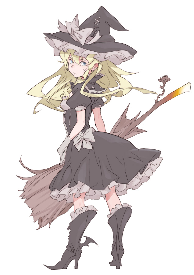 adapted_costume blonde_hair blue_eyes boots bow braid flower full_body gloves hair_bow hat high_heels kirisame_marisa long_hair looking_back mogg rose simple_background solo standing thorns touhou white_background white_gloves witch_hat
