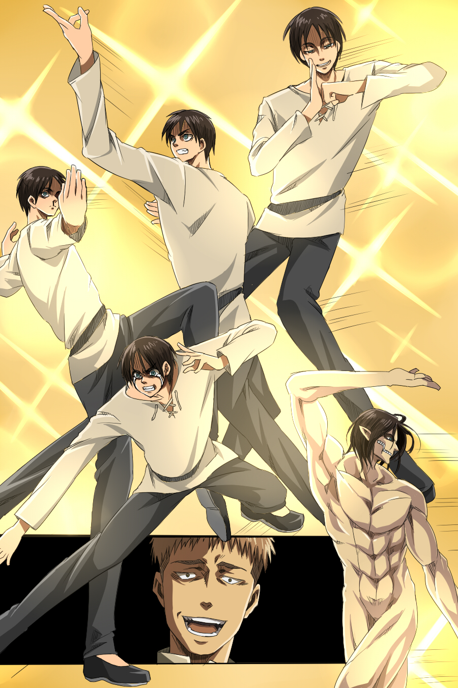 black_hair brown_eyes dual_persona eren_yeager giant jean_kirchstein multiple_boys muscle nude rogue_titan shingeki_no_kyojin smile tears