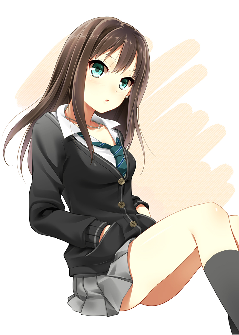 bad_id bad_pixiv_id blush brown_hair cardigan earrings green_eyes gunp hands_in_pockets idolmaster idolmaster_cinderella_girls jewelry long_hair looking_at_viewer necklace necktie open_mouth parted_lips school_uniform shibuya_rin shirt simple_background skirt solo white_background