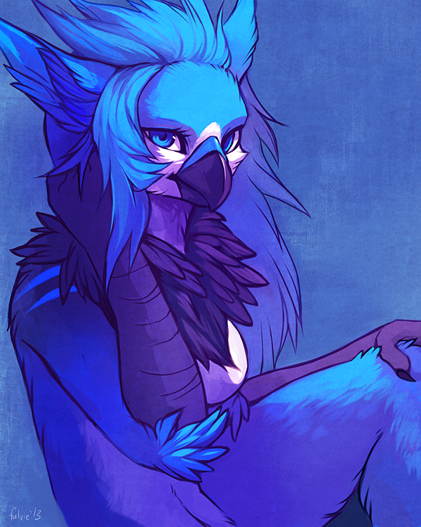 alivia anthro avian bird blue_eyes blue_feathers blue_hair blue_jay blue_theme breasts falvie female gryphon hair hand_on_neck hybrid long_hair looking_at_viewer simple_background solo
