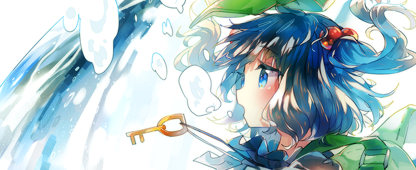 backpack bag blue_eyes blue_hair blush bubble hair_bobbles hair_ornament hat kawashiro_nitori key namie-kun open_mouth profile short_hair solo touhou two_side_up underwater water