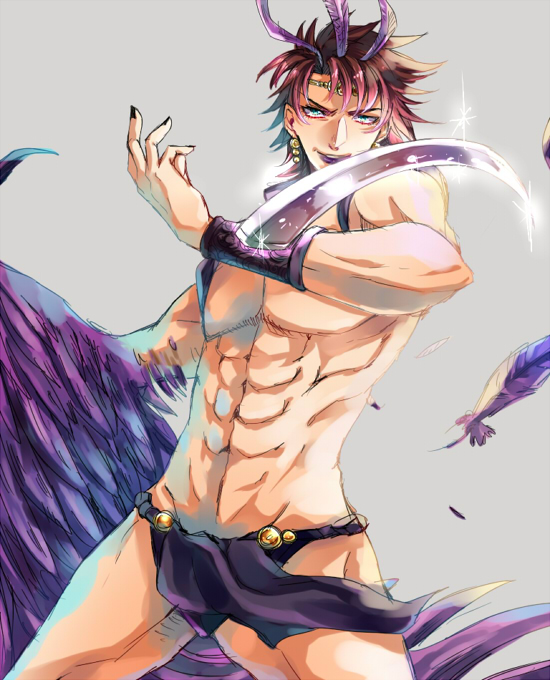 arm_blade blue_eyes brown_hair cosplay dark_persona feathers hair_feathers headdress jojo_no_kimyou_na_bouken joseph_joestar_(young) kamuinii kars_(jojo) kars_(jojo)_(cosplay) loincloth male_focus shirtless solo weapon wings