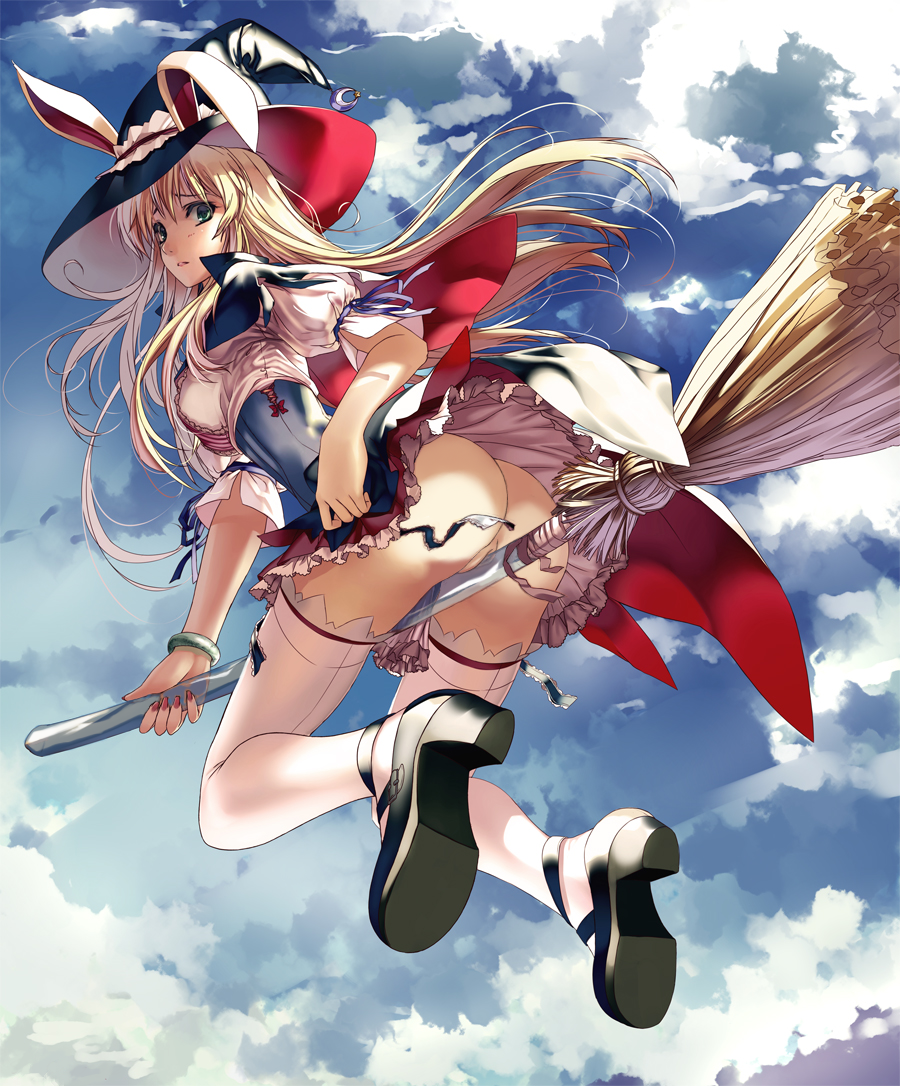 1girl animal_ears ass blonde_hair blush bracelet broom broom_riding bunny_ears cloud crotch_rub flying green_eyes hat icqoo jewelry legs long_hair looking_back mary_janes miyazaki_byou nail_polish no_panties original pussy shoes sky solo thighhighs uncensored upskirt white_legwear witch witch_hat