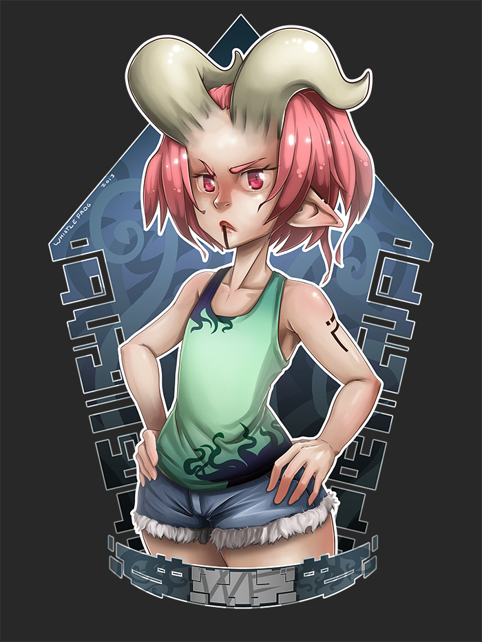 anael_(whistle_frog) bad_deviantart_id bad_id collarbone cutoffs demon_girl demon_horns denim denim_shorts eyebrows flat_chest hands_on_hips horns lips original pink_hair pointy_ears red_eyes short_hair shorts simple_background solo succubus tank_top tattoo whistle_frog younger