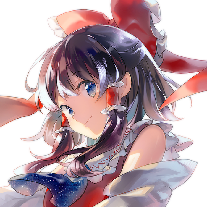 ascot bare_shoulders blue_eyes bow brown_hair detached_sleeves frills hair_ornament hair_ribbon hair_tubes hakurei_reimu looking_at_viewer namie-kun ribbon short_hair simple_background smile solo touhou weee_(raemz) white_background