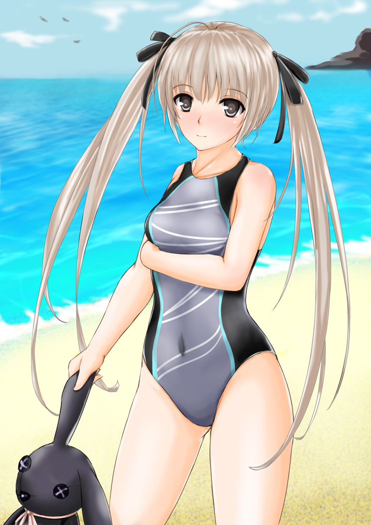 beach brown_eyes competition_swimsuit day kasugano_sora long_hair norte one-piece_swimsuit silver_hair swimsuit twintails yosuga_no_sora