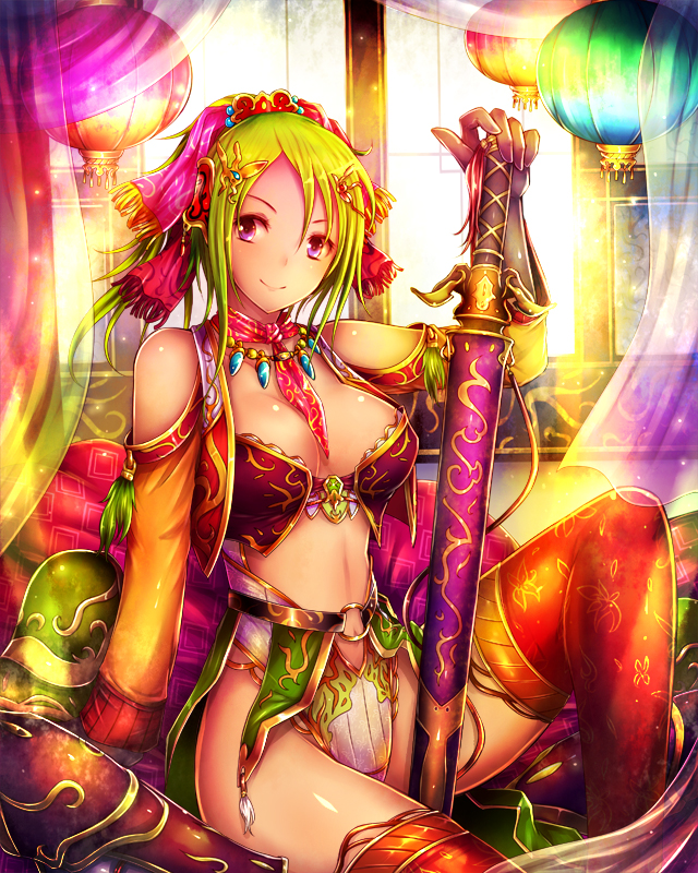 bad_id bad_pixiv_id bare_shoulders breasts green_hair hair_ornament jewelry kara_(color) long_hair medium_breasts necklace purple_eyes red_legwear sheath sheathed smile solo souken_no_cross_age sword thighhighs thighs weapon