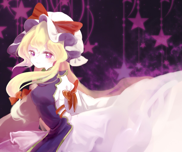 blonde_hair bow dress from_side hat hat_bow hat_ribbon long_skirt long_sleeves looking_at_viewer looking_to_the_side mob_cap purple_dress purple_eyes red_bow red_ribbon ribbon seaminato skirt solo star touhou yakumo_yukari
