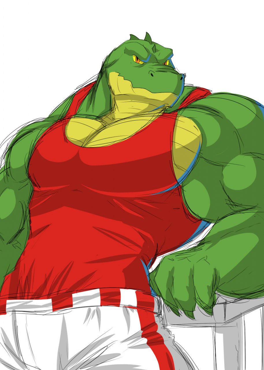 biceps big_muscles crocodile flammars looking_at_viewer male muscles pecs plain_background pose reptile scales scalie solo standing wani white_background
