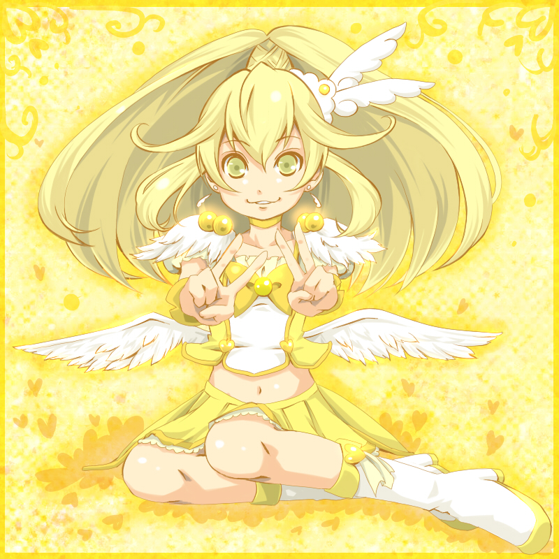 blonde_hair boots bow choker cure_peace double_v earrings hair_flaps hair_ornament hair_ribbon jewelry kasetsu kise_yayoi knee_boots long_hair looking_at_viewer magical_girl midriff navel ponytail precure ribbon sitting skirt smile smile_precure! solo v wings wrist_cuffs yellow yellow_background yellow_bow yellow_eyes yellow_skirt