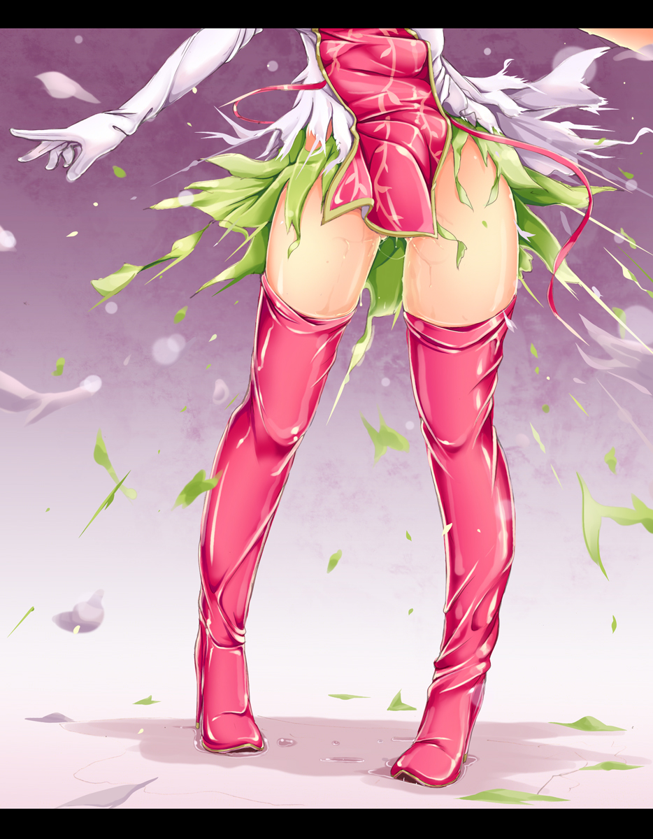 boots elbow_gloves exploding_clothes gloves high_heels highres ibaraki_kasen ichirino_minagi legs letterboxed lower_body no_panties pussy_juice solo tabard thigh_boots thighhighs torn_clothes touhou waist_down