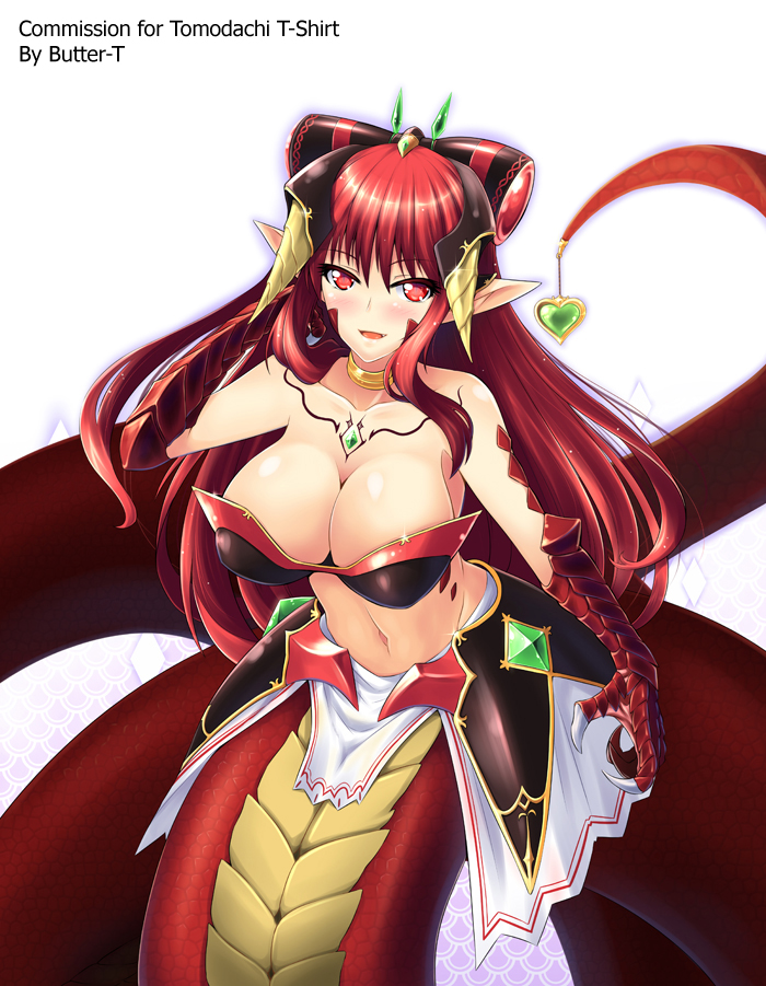 bangs blush bra breasts butter-t choker claws cleavage hair_ornament hand_behind_head jewelry lamia large_breasts long_hair looking_at_viewer midriff monster_girl navel original pointy_ears red_eyes red_hair scales sidelocks simple_background smile solo text_focus underwear