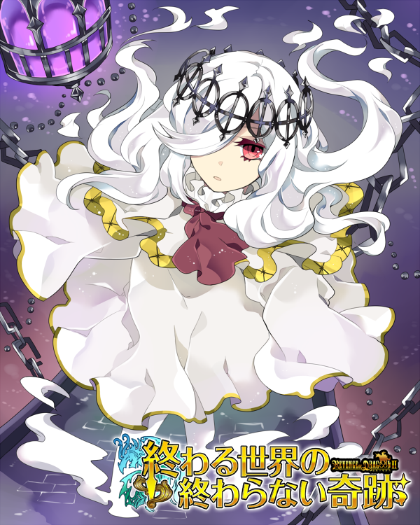 chain copyright_name crown dress hair_over_one_eye lamp looking_up parted_lips red_eyes revenge_of_dragoon ririkuto solo watermark white_dress white_hair