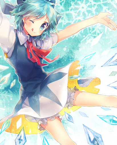 ;q bloomers blue_skirt blush bow cirno crystal hair_ribbon ice ice_wings looking_at_viewer namie-kun one_eye_closed open_hand outstretched_arms puffy_sleeves ribbon short_hair short_sleeves skirt smile solo tongue tongue_out touhou underwear wings