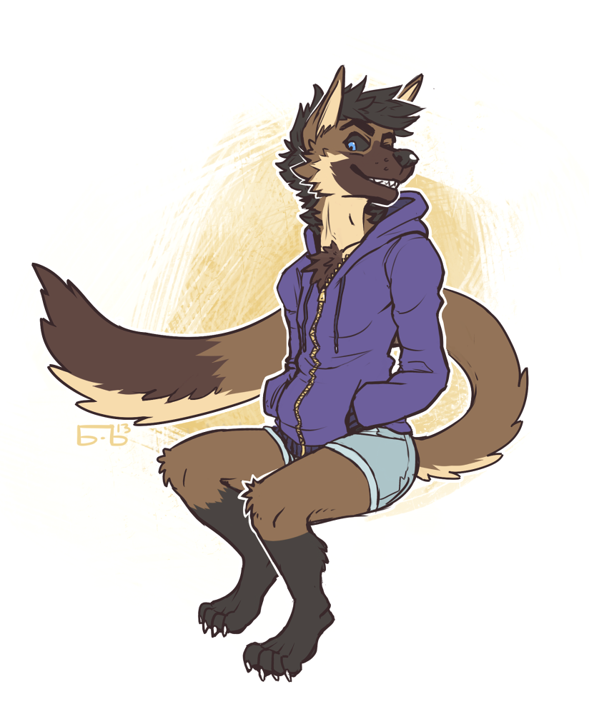 baroque black_hair black_nose black_sclera blue_eyes brown_fur buyobutt canine chest_tuft clothing fur hair hoodie hoody invalid_tag male mammal maned_wolf shorts sitting solo tuft wolf