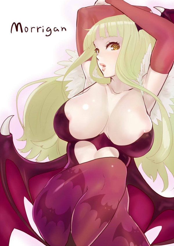 animal_print areola_slip areolae armpits arms_up bat_print bat_wings breasts character_name demon_girl elbow_gloves gloves green_hair head_wings large_breasts leotard lips long_hair looking_at_viewer morrigan_aensland nekoi_mie pantyhose print_legwear simple_background solo succubus vampire_(game) white_background wings yellow_eyes