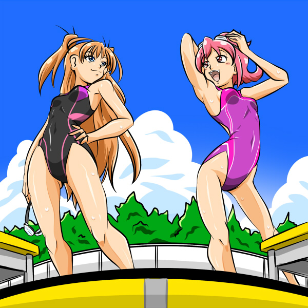 aida_mana black_swimsuit blue_eyes brown_hair cloud competition_swimsuit day dokidoki!_precure flipped_hair from_below houjou_hibiki kogane_(staygold) long_hair multiple_girls one-piece_swimsuit pink_eyes pink_hair precure purple_swimsuit short_hair sky smile suite_precure swimsuit two_side_up