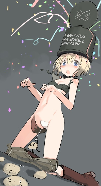 bare_shoulders blonde_hair blue_eyes blush boots clothes_writing confetti cosplay erica_hartmann explosive german grenade looking_at_viewer maebari navel open_mouth potato shimada_fumikane short_hair shorts shorts_pull sketch solo stielhandgranate strike_witches torn_clothes translated what world_witches_series