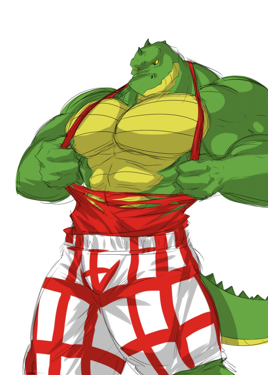 anthro biceps big_muscles clothing crocodile flammars looking_down male muscles pecs plain_background pose reptile rippage scales scalie shirt shorts solo standing tank_top torn_clothing wani white_background yellow_eyes