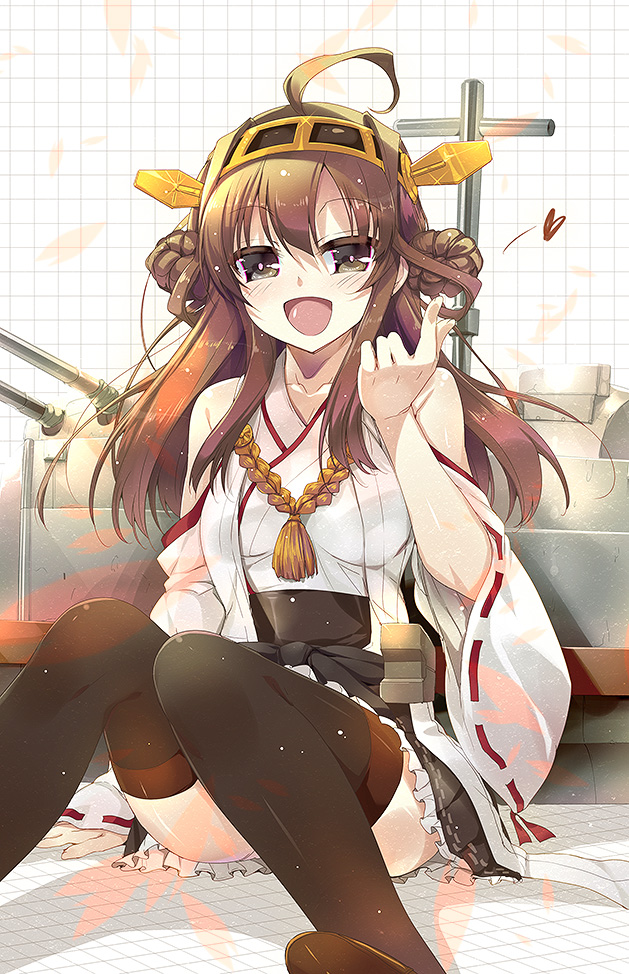 :d ahoge akahito bare_shoulders blush brown_hair detached_sleeves hair_ornament hairband headgear japanese_clothes kantai_collection kongou_(kantai_collection) long_hair open_mouth ribbon-trimmed_sleeves ribbon_trim skirt smile solo thighhighs wide_sleeves