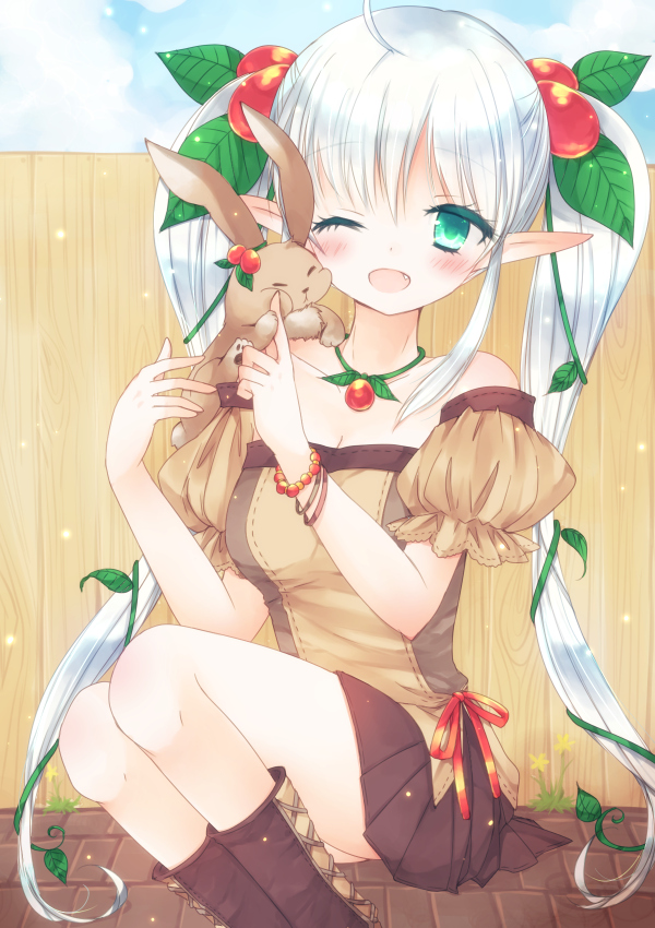 ;d bare_shoulders boots day elf fang fence green_eyes hair_bobbles hair_ornament leaf long_hair one_eye_closed open_mouth original pointy_ears sitting skirt sky smile solo twintails usano_mimio_(popop) very_long_hair white_hair