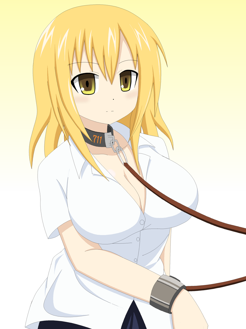blonde_hair breasts cleavage large_breasts original short_hair solo yellow_eyes