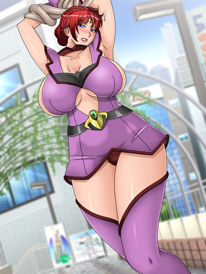 arms_up bangs blurry blush bosei_senshi_uterus breasts center_opening city clenched_teeth depth_of_field dutch_angle gaden gloves huge_breasts large_breasts lipstick looking_at_viewer makeup monster no_bra outdoors pink_lips pink_lipstick red_hair restrained revealing_clothes short_dress short_hair sideboob sweat teeth tentacle thigh_boots zettai_ryouiki
