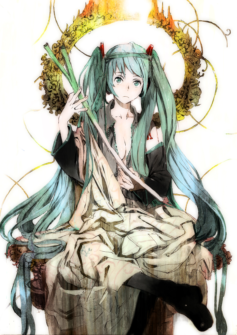 aqua_eyes aqua_hair breasts cleavage detached_sleeves expressionless halo hatsune_miku headphones long_hair medium_breasts necktie necktie_on_head onion open_clothes open_shirt shirt sitting solo toga toi8 twintails very_long_hair vocaloid white_background