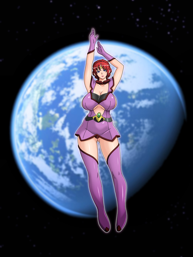 arms_up blurry bosei_senshi_uterus breasts cleavage depth_of_field earth gaden gloves huge_breasts large_breasts lipstick looking_at_viewer makeup no_bra outdoors pink_lips pink_lipstick revealing_clothes short_dress smile solo space thigh_boots zettai_ryouiki