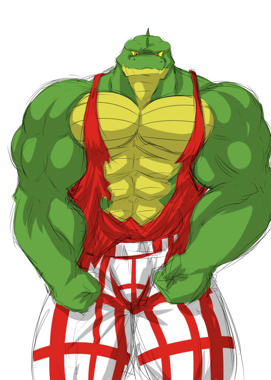 anthro biceps big_muscles clothing crocodile flammars male muscles pecs plain_background pose reptile rippage scales scalie shirt solo standing tank_top torn_clothing wani white_background yellow_eyes