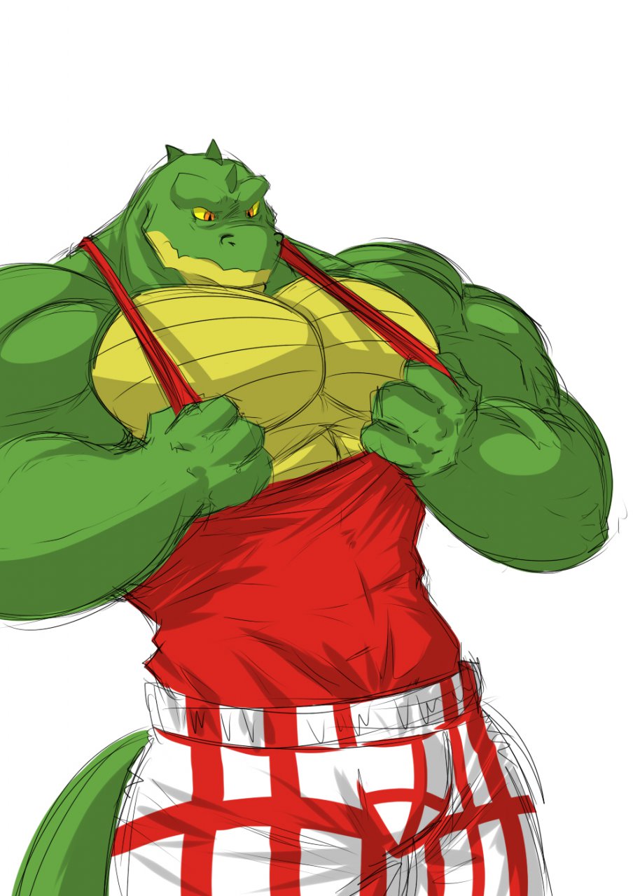 anthro biceps big_muscles clothing crocodile flammars looking_down male muscles pecs plain_background pose reptile scales scalie shirt solo standing tank_top wani white_background yellow_eyes