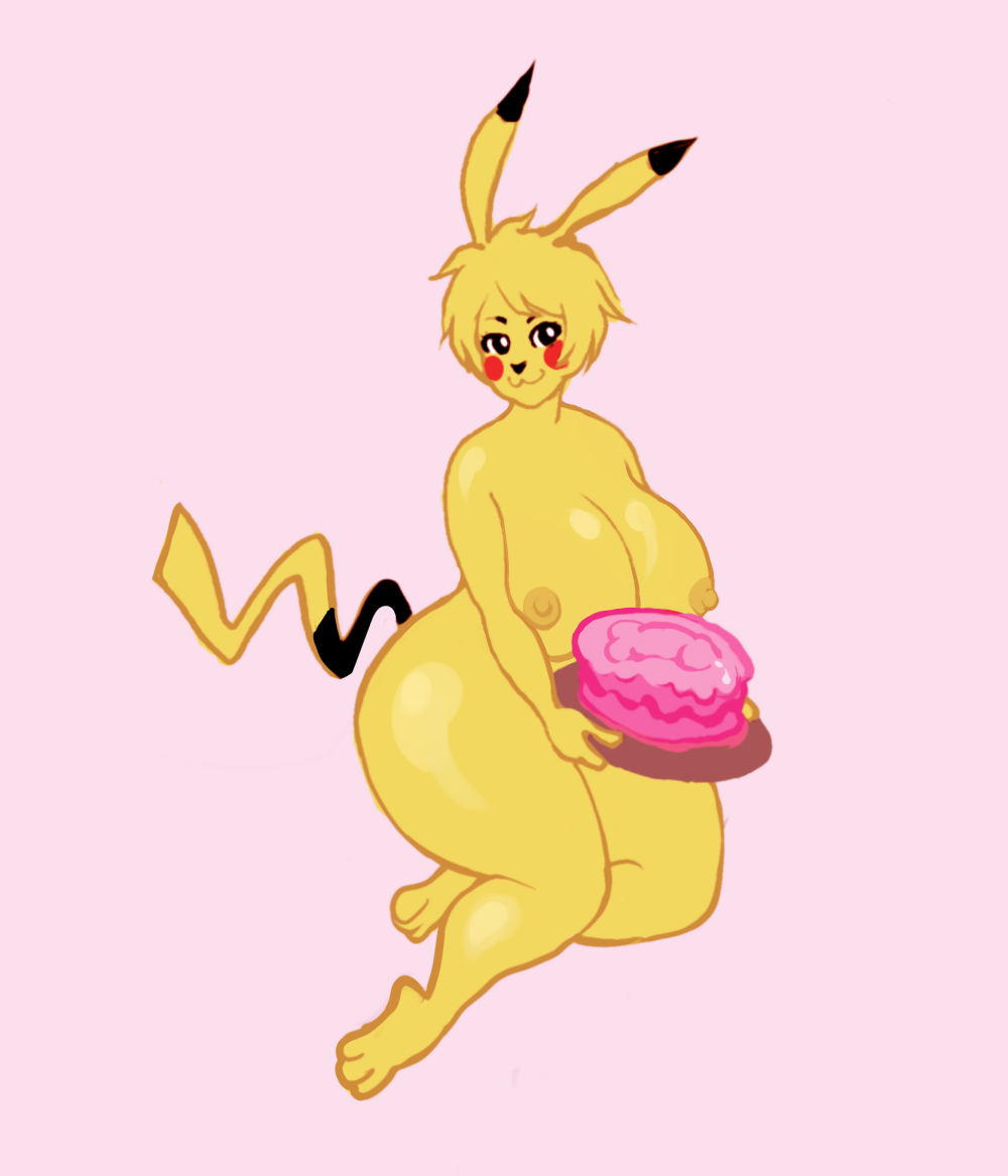 anthro big_breasts blonde_hair breasts cake chanterbury coxaplenty female food fur hair huge_breasts nintendo nipples nude pikachu pink_background plain_background plantigrade pok&#233;mon pok&eacute;mon red_fur simple_background solo thick_thighs video_games voluptuous wide_hips yellow_body yellow_fur