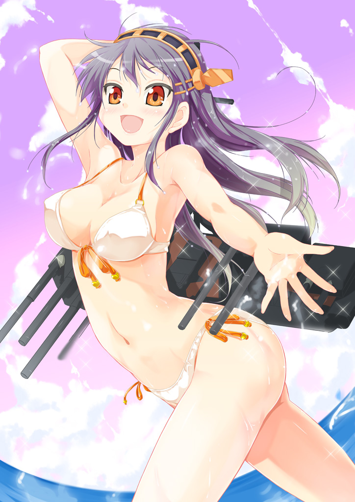 :d armpits bare_shoulders bikini black_hair blush breasts cleavage fisheye front-tie_top hairband haruna_(kantai_collection) headgear kantai_collection large_breasts long_hair looking_at_viewer navel open_mouth orange_eyes outstretched_hand porurin revision side-tie_bikini smile solo strap_gap swimsuit thighs wet