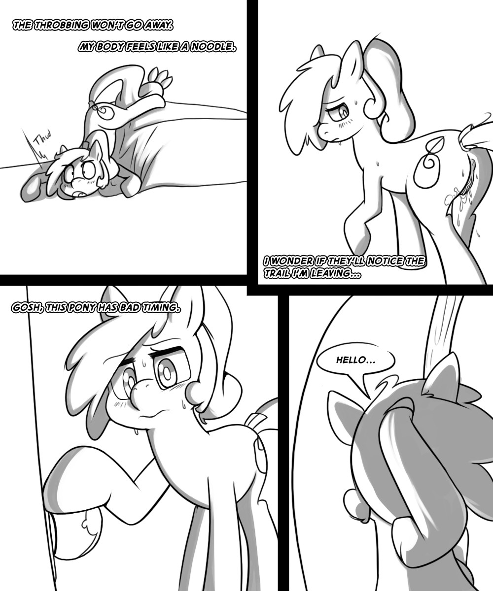 3mangos anus bed blush comic cutie_mark dialog english_text equine female feral friendship_is_magic greyscale hair horse inside mammal mango_(character) monochrome my_little_pony original_character pony pussy pussy_juice solo standing sweat text walking