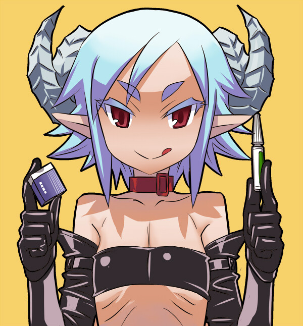 bandeau bare_shoulders black_gloves blue_hair character_request collar collarbone elbow_gloves eraser eyebrows flat_chest gloves horns leather leather_gloves licking_lips matsuda_yuusuke pointy_ears red_eyes ribs short_hair solo strapless tongue tongue_out upper_body yellow_background yuusha_to_maou