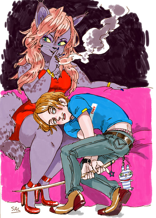 anklet anthro blonde_hair bracelet brown_hair cat cigar clothed clothing dress duo feline female footwear fur green_eyes hair high_heels human jeans jewelry kaneoya_sachiko larger_female male mammal pants red_dress shoes size_difference smaller_male smile smoke smoking thick_thighs voluptuous