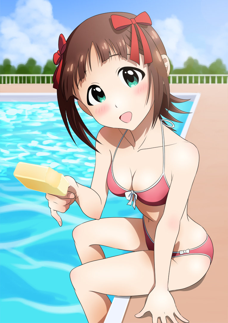 amami_haruka bikini blush breasts brown_hair cleavage day feeding food green_eyes hair_ribbon idolmaster idolmaster_(classic) outdoors pool poolside popsicle pov_feeding ribbon short_hair sky small_breasts solo sunsun69 swimsuit water