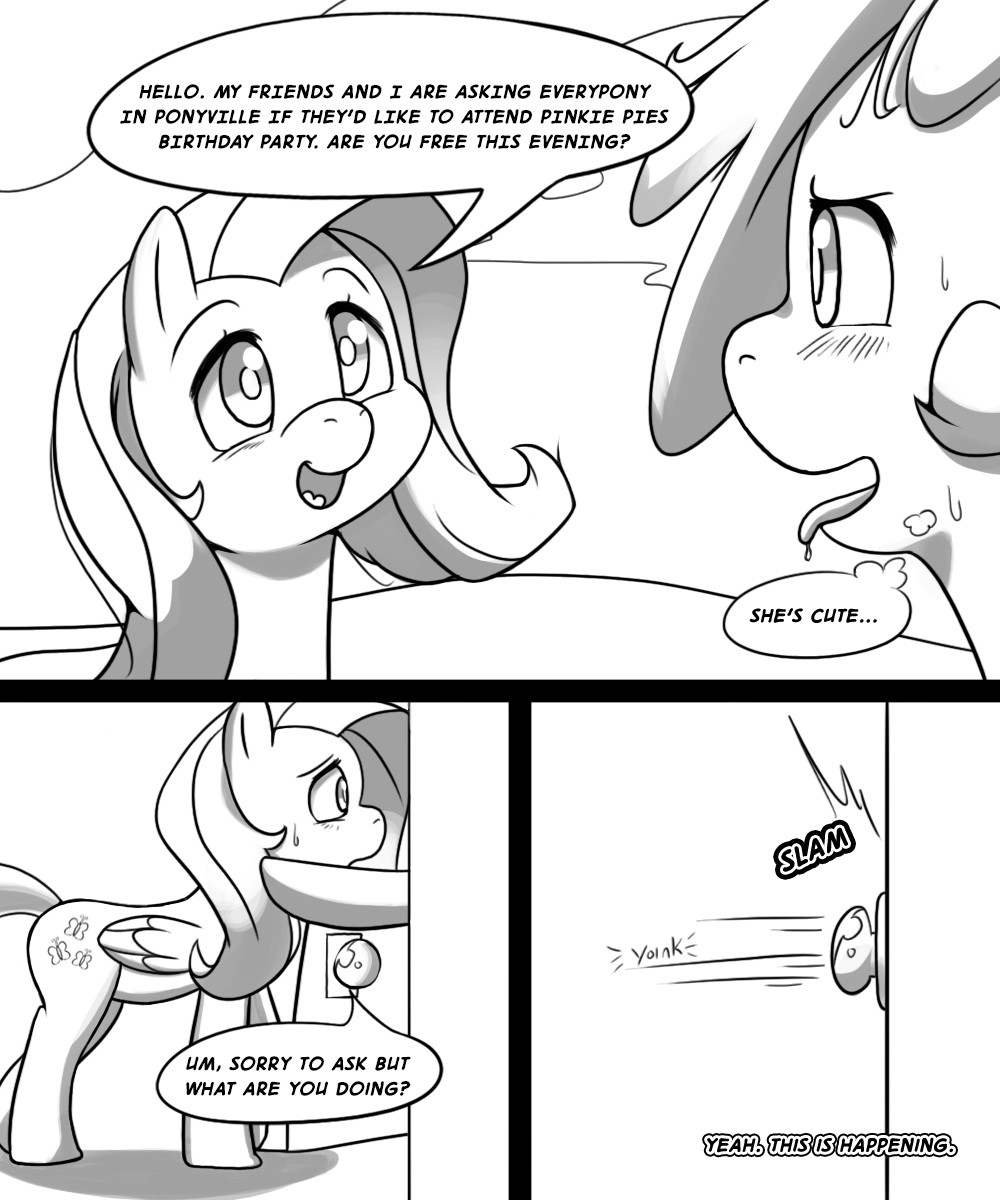 3mangos blush comic cutie_mark dialog duo english_text equine female feral fluttershy_(mlp) friendship_is_magic grab greyscale hair horse mammal mango_(character) monochrome my_little_pony original_character outside pegasus pony standing sweat text tongue wings