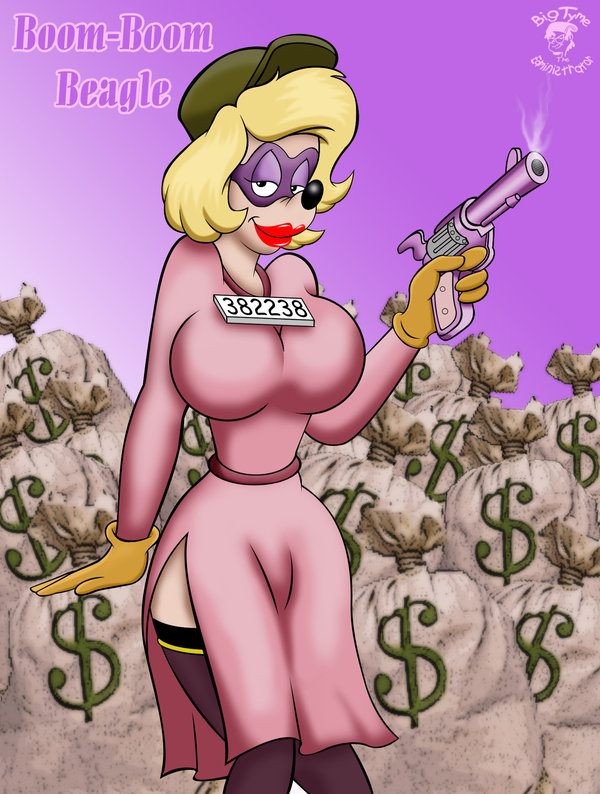 big_breasts black_hair blonde_hair boom-boom_beagle breasts canine clothed clothing disney domino_mask dress ducktales female gloves gun hair half-closed_eyes hat legwear lipstick looking_at_viewer mammal money_bag purple_background ranged_weapon smoke solo stockings theedministrator765 watermark weapon