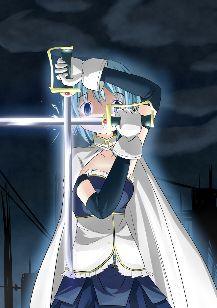 alexander_anderson bad_id bad_pixiv_id blue_eyes blue_hair cape collarbone cowboy_shot crossed_swords empty_eyes gloves hellsing holding holding_sword holding_weapon looking_at_viewer magical_girl mahou_shoujo_madoka_magica miki_sayaka parody sicile_gloria solo standing sword weapon white_gloves wrist_cuffs