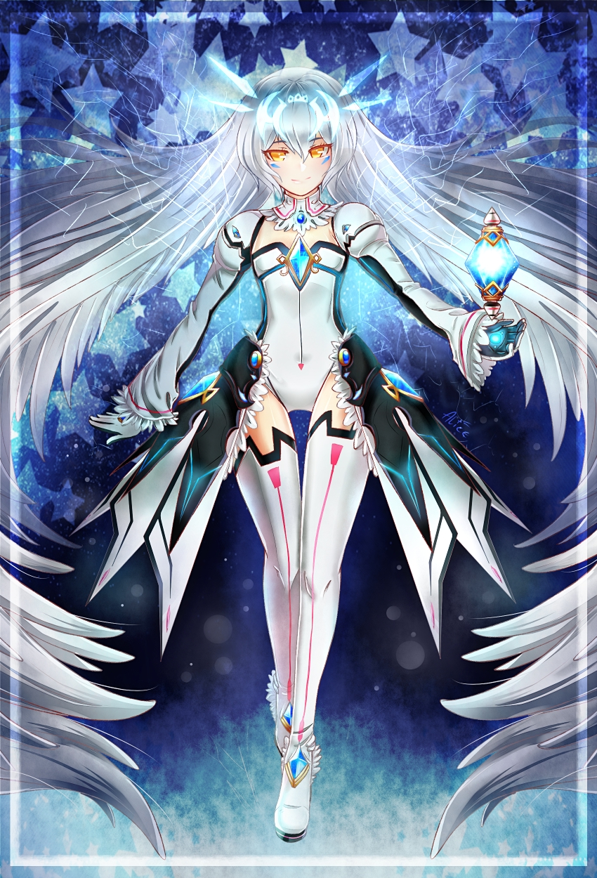apyx blue_background boots code:_battle_seraph_(elsword) detached_collar elsword eve_(elsword) full_body gem gloves highres leotard long_hair smile solo star starry_background thigh_boots thigh_gap thighhighs twintails very_long_hair white_hair white_legwear yellow_eyes