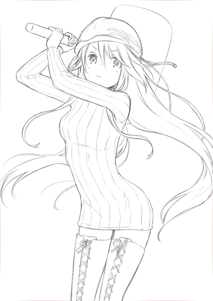 archellaura boots copyright_request cross-laced_footwear dress greyscale helmet lace-up_boots lineart long_hair mallet monochrome simple_background solo sweater sweater_dress thigh_boots thighhighs