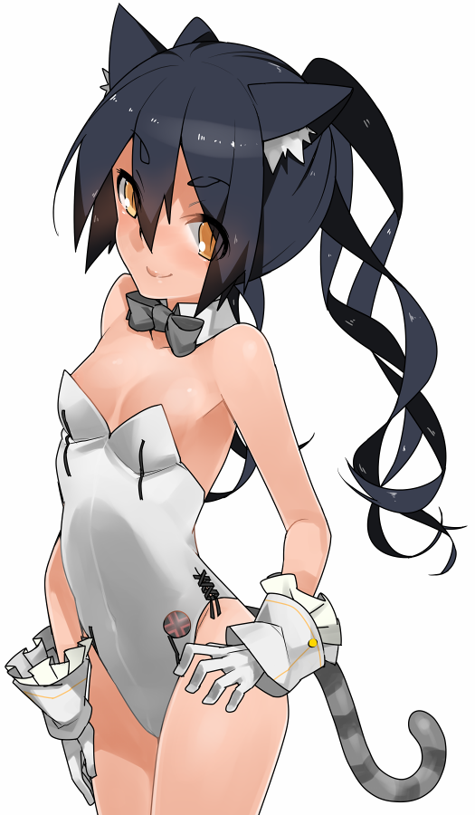 animal_ears bare_shoulders black_hair blush bow bowtie breasts cat_ears cat_tail detached_collar gloves hand_on_hip kittysuit kochiya_(gothope) leotard long_hair looking_at_viewer orange_eyes phantasy_star phantasy_star_online_2 simple_background small_breasts smile solo tail twintails white_background white_gloves