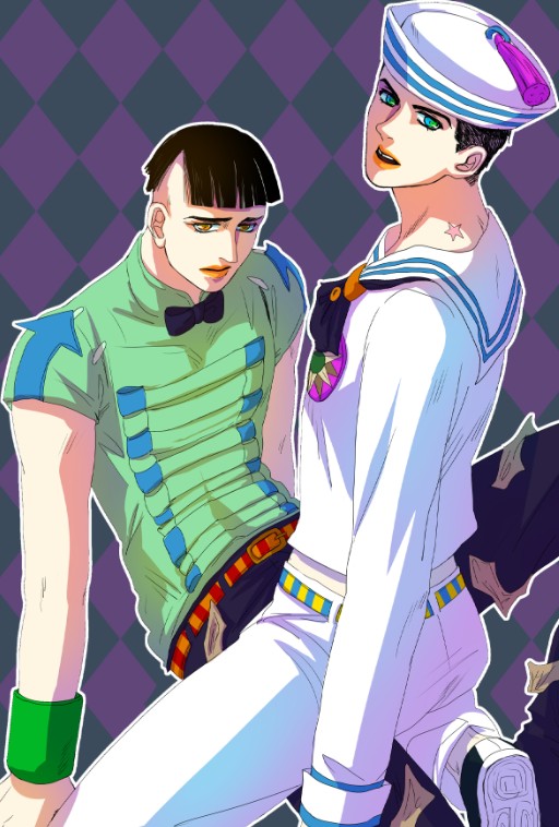 black_hair bow bowtie dixie_cup_hat green_eyes hat higashikata_joushuu higashikata_jousuke_(jojolion) jojo_no_kimyou_na_bouken jojolion military_hat multiple_boys sagi sailor