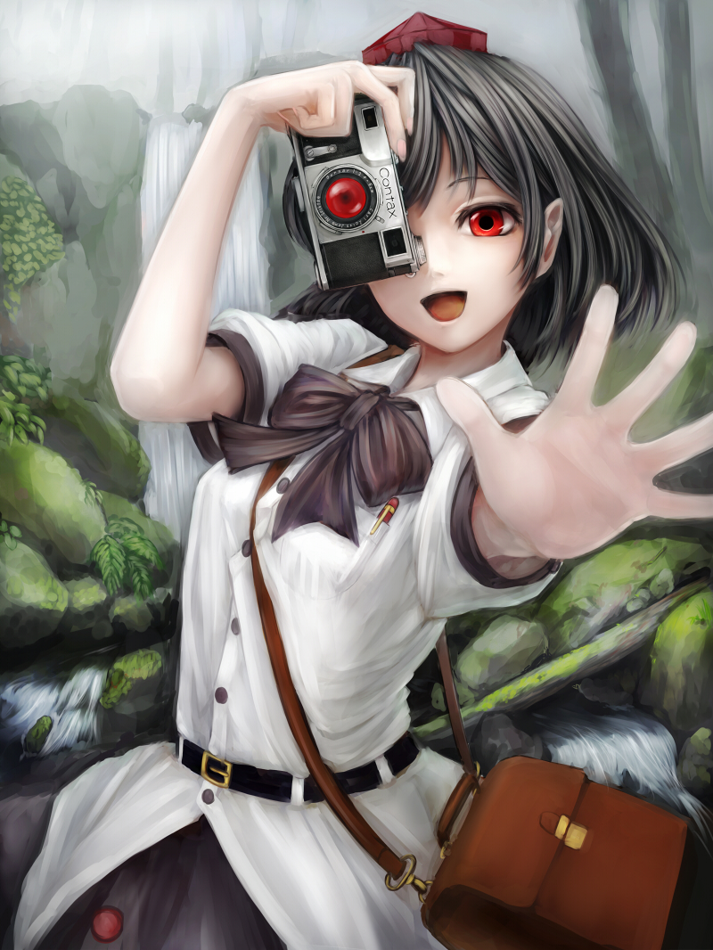 armpit_peek bad_id bad_pixiv_id bag belt black_hair bow camera hat looking_at_viewer nishi_masakazu open_mouth outstretched_arm outstretched_hand pen red_eyes river shameimaru_aya shirt short_sleeves shoulder_bag skirt smile solo tokin_hat touhou water waterfall