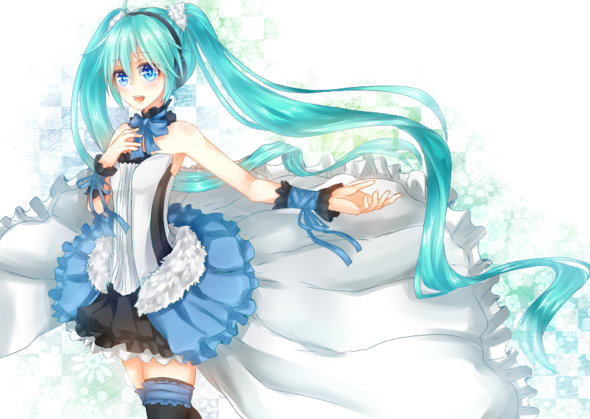 7th_dragon_(series) 7th_dragon_2020 aqua_hair blue_eyes hand_on_own_chest hatsune_miku headphones long_hair meggy0939 open_mouth outstretched_arm skirt solo thighhighs twintails very_long_hair vocaloid