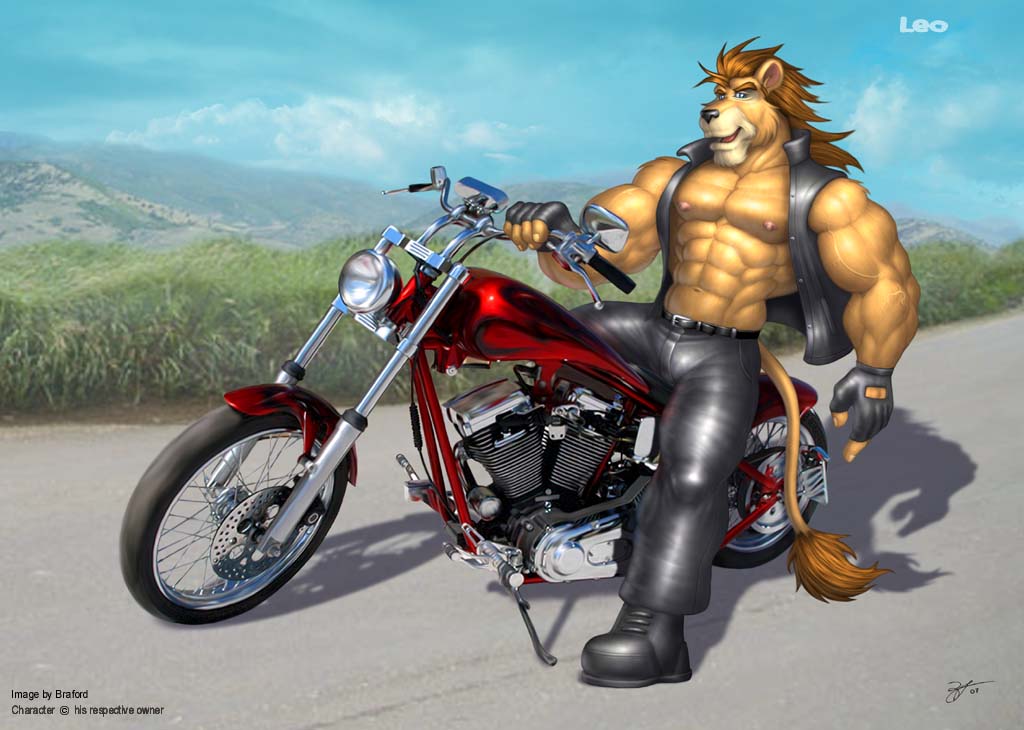 abs biceps big_muscles boots braford clothing feline footwear fur gloves grin hair headlights jacket leather lion male mammal mane motorcycle muscles nipples open_shirt pants pecs pose shirt sitting smile solo toned trousers vein